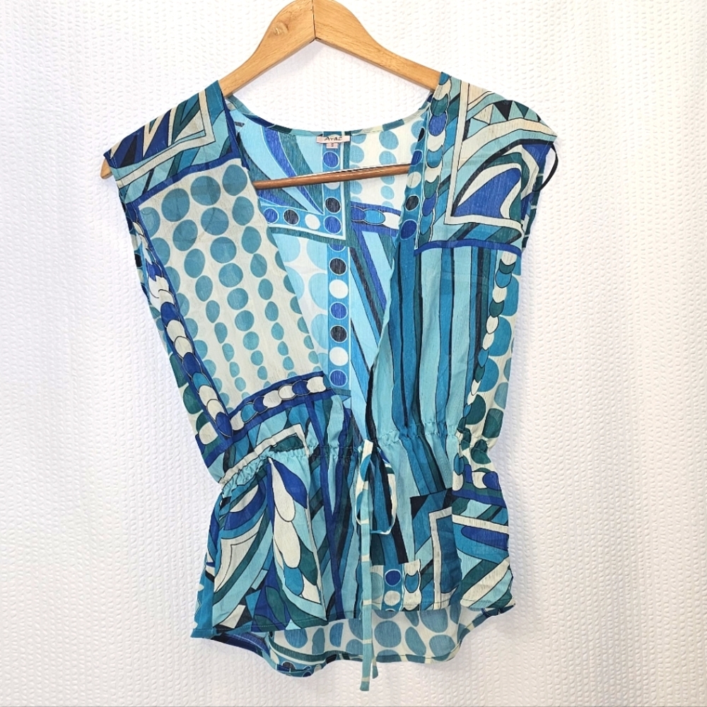Araz Blue and White Geometric Blouse Size S
